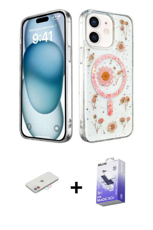 ieg™ iPhone 12 Kılıf Kozmos Doku - Siyah Bilvis 5in1 5D Magic Hayalet Cam Ekran Koruyucu + Pembe Ren