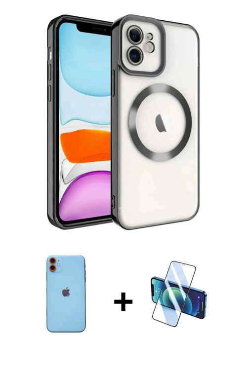 ieg™ iPhone 11 Kılıf Nova Işık Özel Seri - Siyah 3D Antistatik Cam Ekran Koruyucu + Turuncu Neon Fos