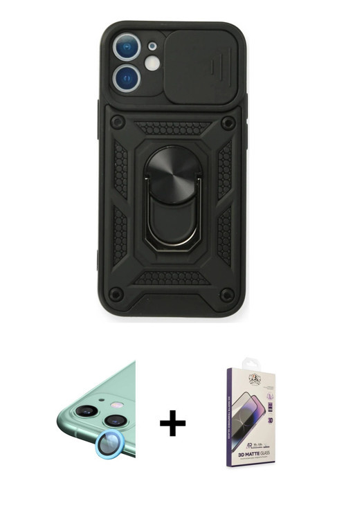 ieg™ iPhone 11 Kılıf Ahenk Klasik - Siyah Bilvis 3D Mat Cam Ekran Koruyucu + Mavi Raze Metal Kamera