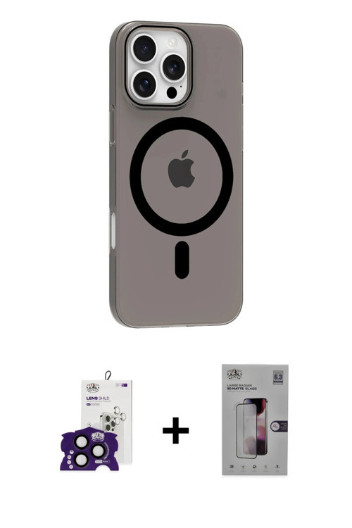 ieg™ iPhone 16 Pro Max Kılıf Pusula Form Özel Seri - Siyah Bilvis 3D Mat Cam Ekran Koruyucu + Siyah