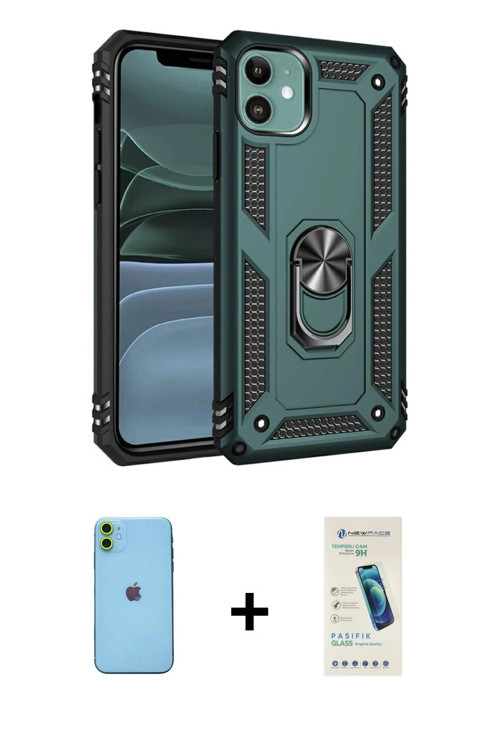 ieg™ iPhone 11 Kılıf Ahenk Klasik Koleksiyonu - Şeffaf Pasifik Cam Ekran Koruyucu + Yeşil Neon Fosfo
