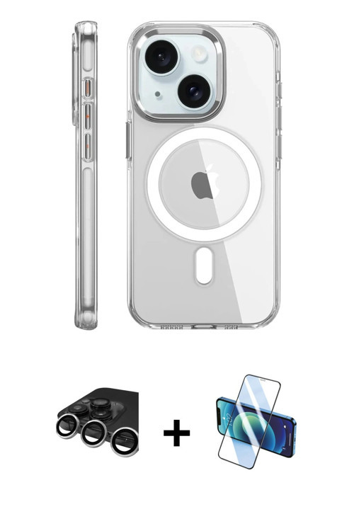 ieg™ iPhone 15 Pro Kılıf Nova Doku - Siyah 3D Antistatik Cam Ekran Koruyucu + Gümüş Raze Metal Kamer