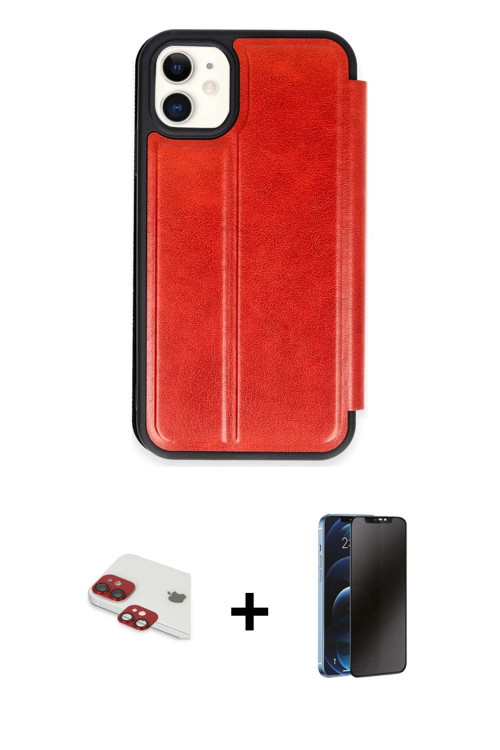 ieg™ iPhone 11 Kılıf Zirve Yansıma Serisi - Siyah 3D Antistatik Hayalet Cam Ekran Koruyucu + Kırmızı