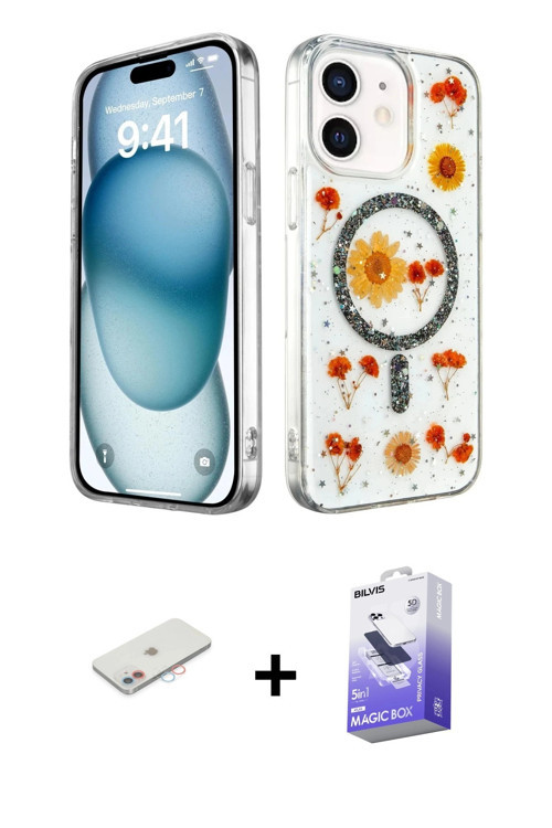 ieg™ iPhone 12 Kılıf Kozmos Doku - Siyah Bilvis 5in1 5D Magic Hayalet Cam Ekran Koruyucu + Pembe Ren