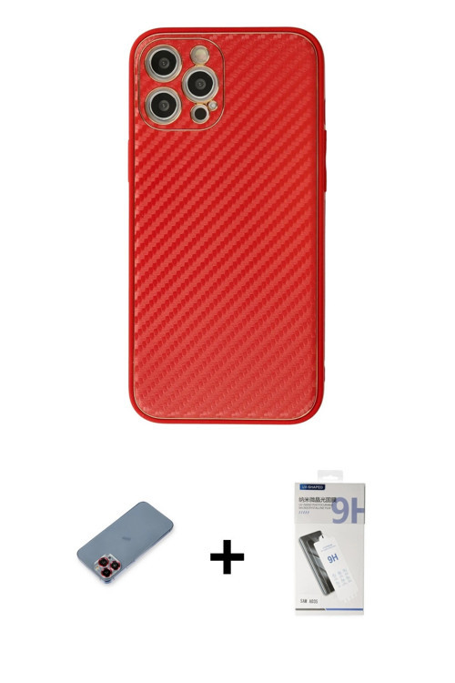 ieg™ iPhone 12 Pro Kılıf Ahenk Işık - Şeffaf Uv Polymer Nano Ekran Koruyucu + Kırmızı Metal Kamera L