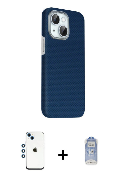 ieg™ iPhone 14 Kılıf Kozmos Klasik Prime - Siyah Joko Magic 5D Cam + Mavi Shine Kamera Lens