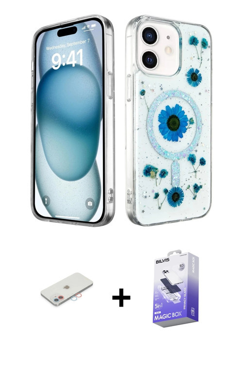 ieg™ iPhone 12 Kılıf Kozmos Doku - Siyah Bilvis 5in1 5D Magic Hayalet Cam Ekran Koruyucu + Pembe Ren