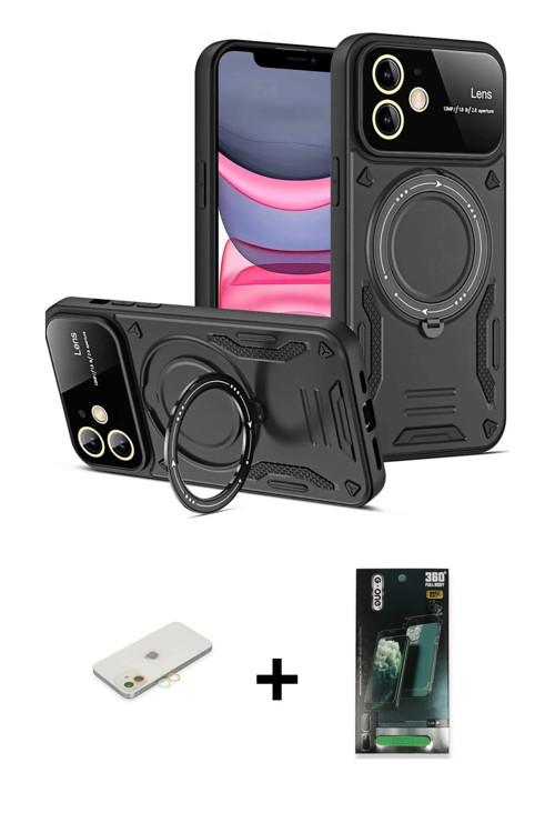 ieg™ iPhone 11 Kılıf Kıvılcım Modern Serisi - Şeffaf 360 Full Body Arka Koruyucu + Turuncu Renkli Ka