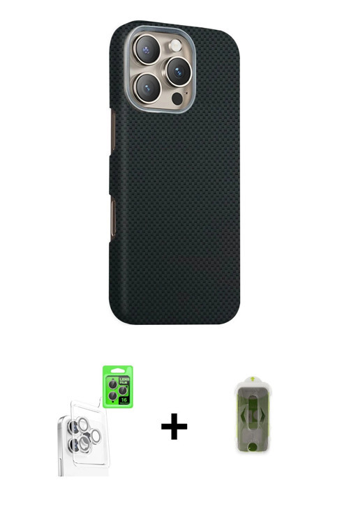 ieg™ iPhone 16 Pro Kılıf Kozmos Klasik Prime - Siyah Joko Magic 5D Hayalet Cam + Beyaz Raze Metal Ka