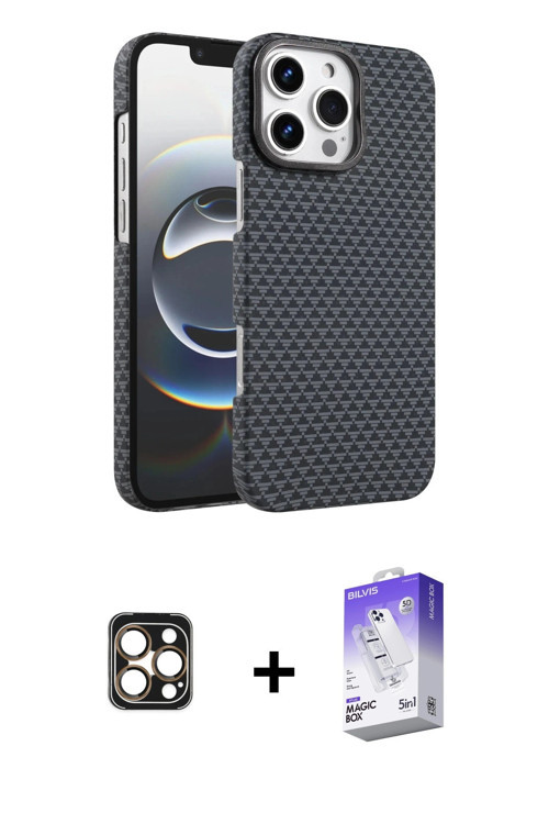 ieg™ iPhone 16 Pro Max Kılıf Doruk Serisi - Siyah Bilvis 5in1 3D Magic Cam Ekran Koruyucu + Gold PVD
