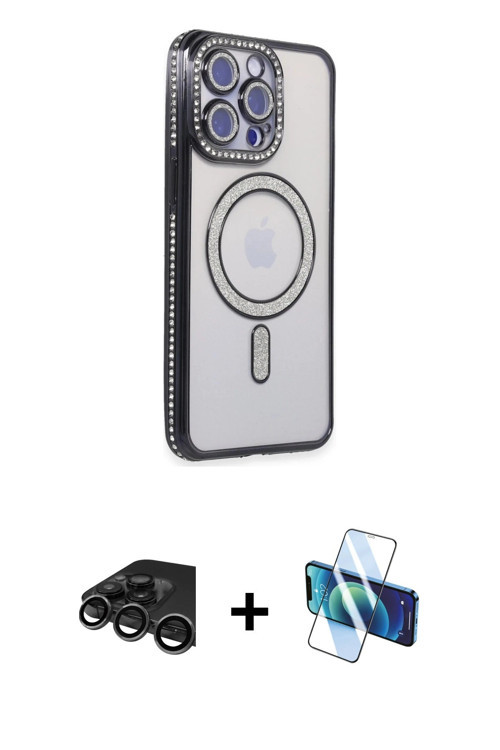 ieg™ iPhone 15 Pro Kılıf Zirve Doku Prime - Siyah 3D Antistatik Cam Ekran Koruyucu + Titanyum Gri Ra