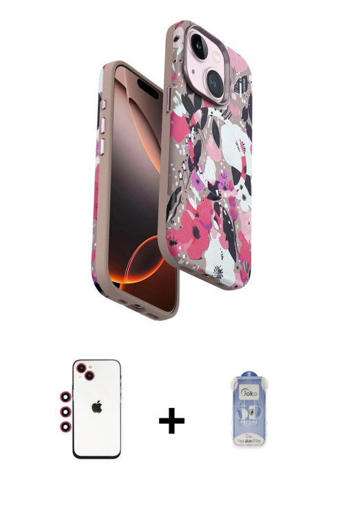 ieg™ iPhone 14 Kılıf Siluet Doku - Siyah Joko Magic 5D Cam + Kırmızı Shine Kamera Lens