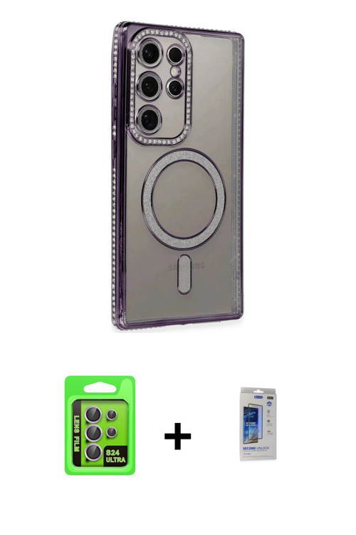 ieg™ Galaxy S24 Ultra Kılıf Zirve Doku Prime - Siyah Durable Full Glue Curved Hayalet Cam + Mor Raze