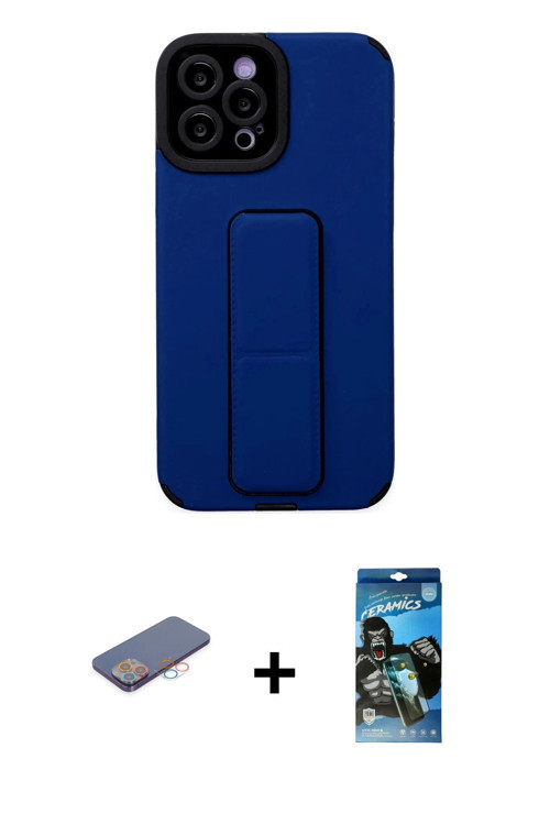 ieg™ iPhone 12 Pro Max Kılıf Çekirdek Yansıma - Siyah 34D Izgaralı Cam + Pembe Renkli Kamera Lens Ko