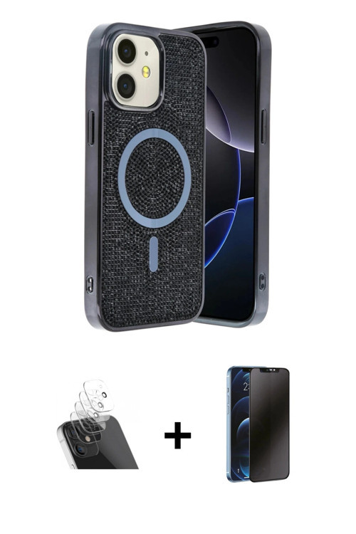 ieg™ iPhone 11 Kılıf Eksen Çizgi - Siyah 3D Antistatik Hayalet Cam Ekran Koruyucu + Şeffaf Kamera Le