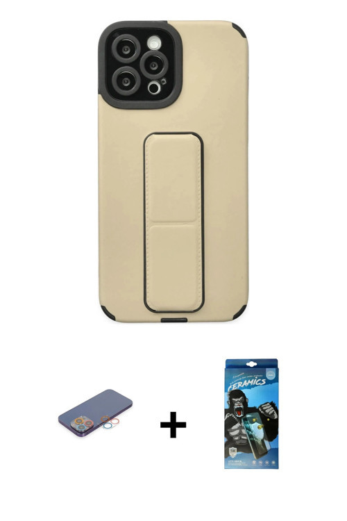 ieg™ iPhone 12 Pro Max Kılıf Çekirdek Yansıma - Siyah 34D Izgaralı Cam + Pembe Renkli Kamera Lens Ko