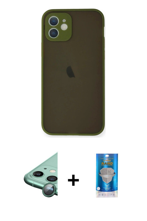 ieg™ iPhone 12 Mini Kılıf Ahenk Çizgi Serisi - Şeffaf Royal Nano Ekran Koruyucu + Yeşil Raze Metal K