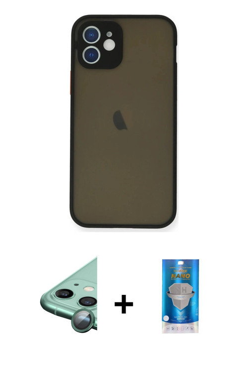 ieg™ iPhone 12 Mini Kılıf Ahenk Çizgi Serisi - Şeffaf Royal Nano Ekran Koruyucu + Yeşil Raze Metal K