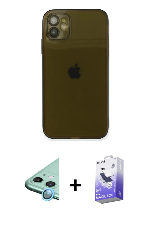 ieg™ iPhone 12 Kılıf Ahenk Doku - Siyah Bilvis 5in1 5D Magic Hayalet Cam Ekran Koruyucu + Mavi Raze