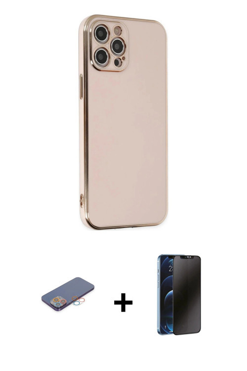ieg™ iPhone 12 Pro Max Kılıf Yankı Serisi - Siyah 3D Antistatik Hayalet Cam Ekran Koruyucu + Pembe R