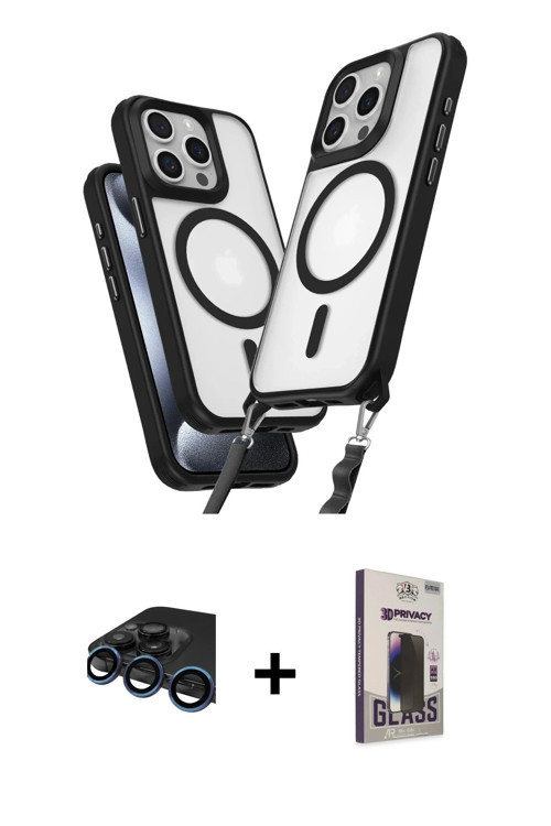 ieg™ iPhone 15 Pro Max Kılıf Atlas Doku Koleksiyonu - Siyah Bilvis Hayalet Cam Ekran Koruyucu + Laci