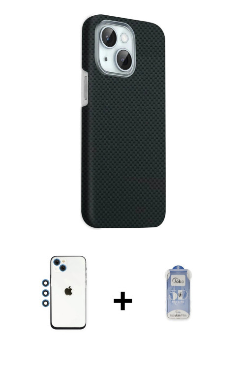 ieg™ iPhone 14 Kılıf Kozmos Klasik Prime - Siyah Joko Magic 5D Cam + Mavi Shine Kamera Lens