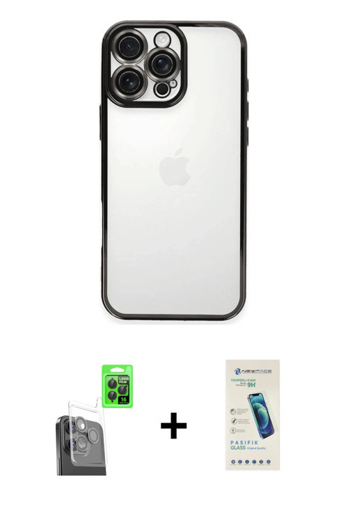 ieg™ iPhone 16 Pro Max Kılıf Vadi Minimal - Şeffaf Pasifik Cam Ekran Koruyucu + Siyah Raze Metal Kam