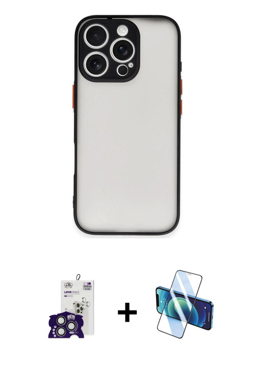 ieg™ iPhone 16 Pro Max Kılıf Ahenk Çizgi Serisi - Siyah 3D Antistatik Cam Ekran Koruyucu + Titanyum