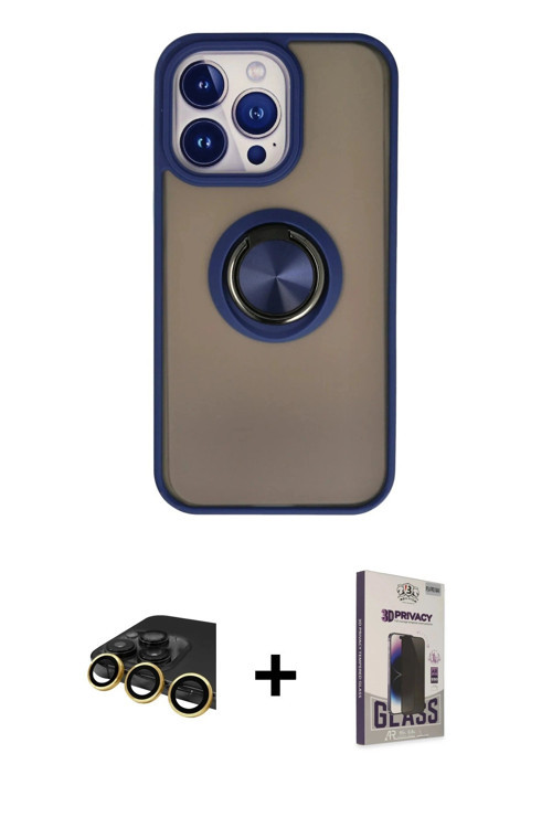 ieg™ iPhone 13 Pro Max Kılıf Yörünge Çizgi - Siyah Bilvis Hayalet Cam Ekran Koruyucu + Gold Raze Met