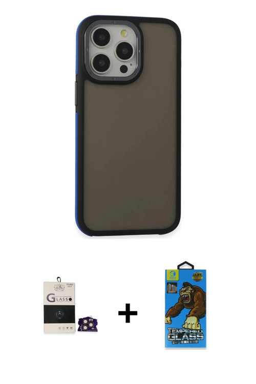 ieg™ iPhone 14 Pro Max Kılıf Eksen Işık - Siyah 18D Cam Ekran Koruyucu + Gold Bilvis Titan Kamera Le
