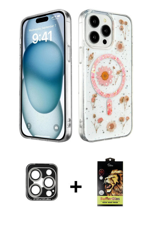 ieg™ iPhone 15 Pro Max Kılıf Kozmos Doku - Siyah Buffer Cam Ekran Koruyucu + Gümüş PVD Metal Kamera
