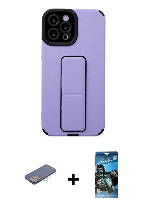 ieg™ iPhone 12 Pro Max Kılıf Çekirdek Yansıma - Siyah 34D Izgaralı Cam + Pembe Renkli Kamera Lens Ko