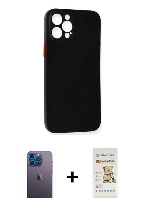 ieg™ iPhone 12 Pro Max Kılıf Yadigar Yansıma Serisi - Siyah Mat Seramik Nano Ekran Koruyucu + Mavi N