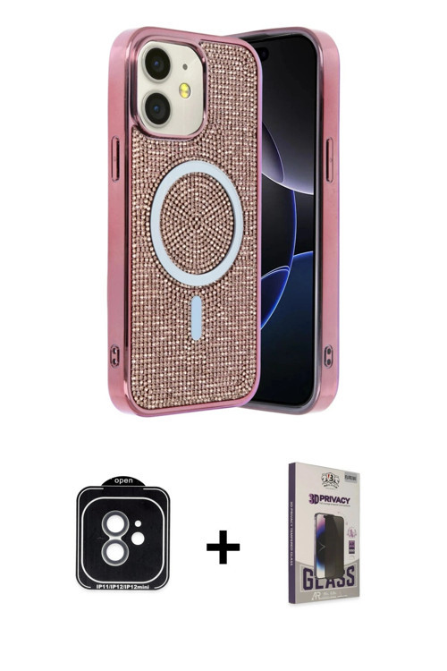 ieg™ iPhone 11 Kılıf Eksen Çizgi - Siyah Bilvis Hayalet Cam Ekran Koruyucu + Yeşil PVD Metal Kamera