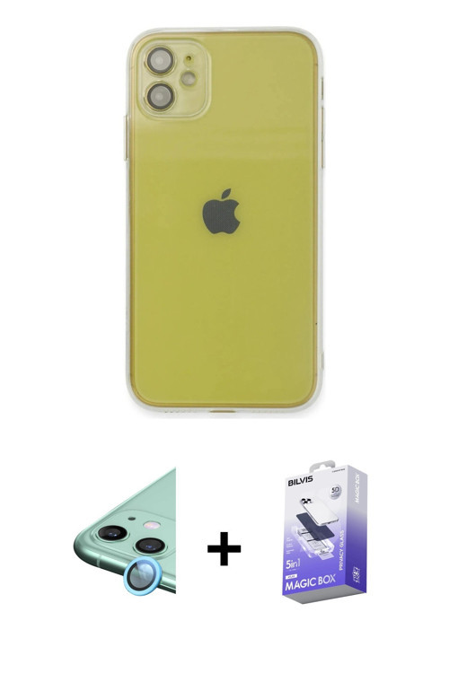 ieg™ iPhone 12 Kılıf Ahenk Doku - Siyah Bilvis 5in1 5D Magic Hayalet Cam Ekran Koruyucu + Mavi Raze