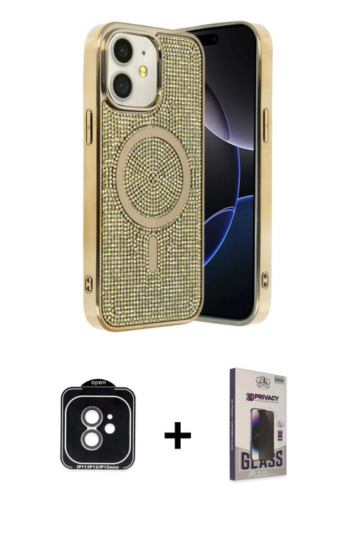 ieg™ iPhone 11 Kılıf Eksen Çizgi - Siyah Bilvis Hayalet Cam Ekran Koruyucu + Yeşil PVD Metal Kamera
