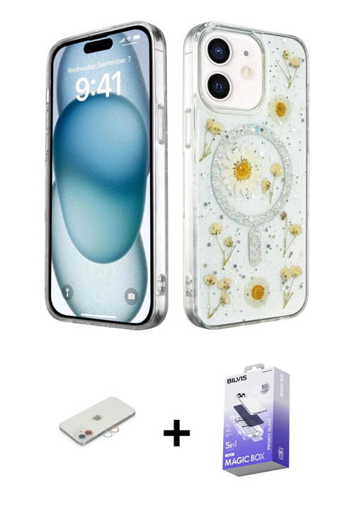 ieg™ iPhone 12 Kılıf Kozmos Doku - Siyah Bilvis 5in1 5D Magic Hayalet Cam Ekran Koruyucu + Pembe Ren