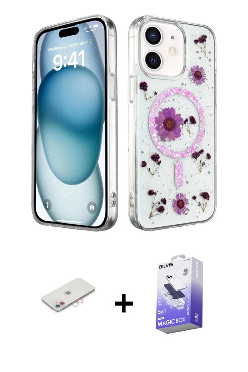 ieg™ iPhone 12 Kılıf Kozmos Doku - Siyah Bilvis 5in1 5D Magic Hayalet Cam Ekran Koruyucu + Pembe Ren