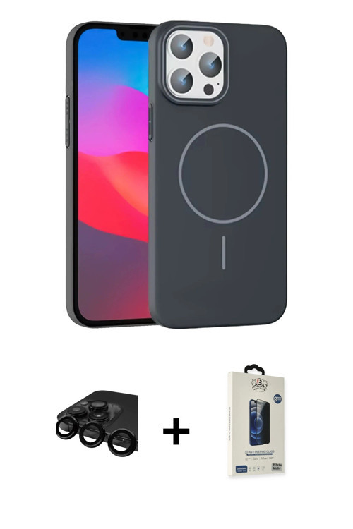 ieg™ iPhone 15 Pro Max Kılıf Siluet Doku Özel Seri - Siyah Bilvis Hayalet Cam Ekran Koruyucu + Siyah
