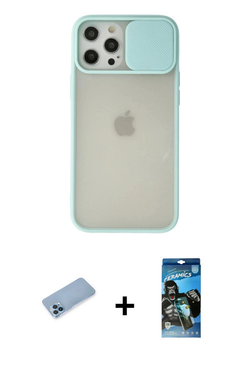 ieg™ iPhone 12 Pro Max Kılıf Vadi Çizgi - Siyah 34D Izgaralı Cam + Mavi Shine Kamera Lens Koruma Cam
