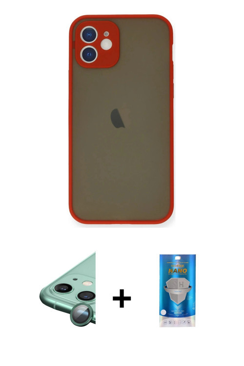 ieg™ iPhone 12 Mini Kılıf Ahenk Çizgi Serisi - Şeffaf Royal Nano Ekran Koruyucu + Yeşil Raze Metal K