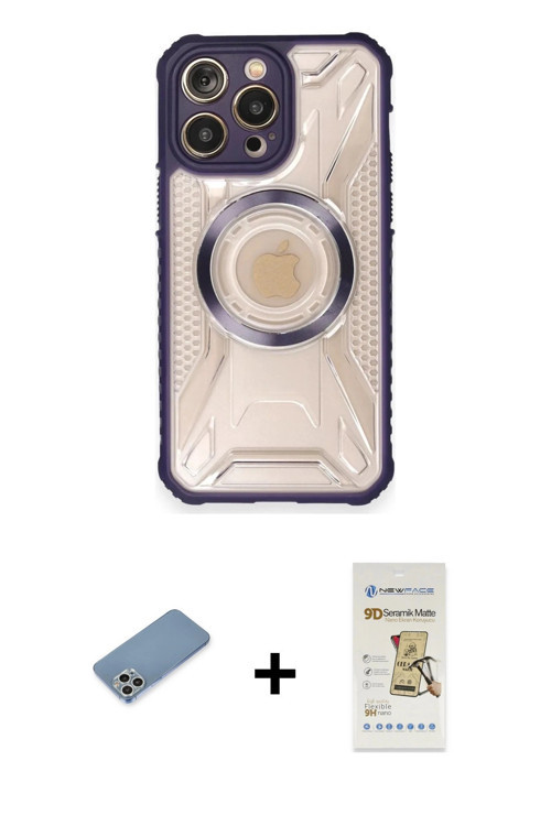 ieg™ iPhone 12 Pro Max Kılıf Kutup Modern - Siyah Mat Seramik Nano Ekran Koruyucu + Gümüş Shine Kame