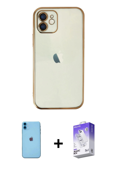 ieg™ iPhone 11 Kılıf Vadi Minimal - Siyah Bilvis 5in1 3D Magic Cam Ekran Koruyucu + Mavi Neon Fosfor