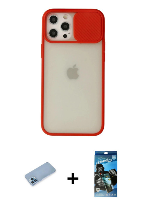 ieg™ iPhone 12 Pro Max Kılıf Vadi Çizgi - Siyah 34D Izgaralı Cam + Mavi Shine Kamera Lens Koruma Cam