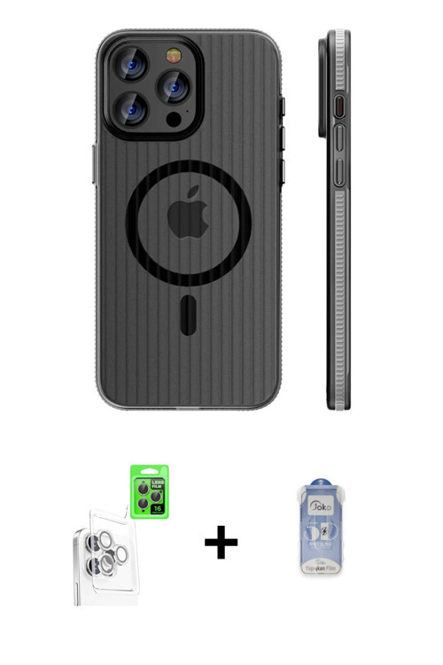 ieg™ iPhone 16 Pro Kılıf Pusula Minimal Koleksiyonu - Siyah Joko Magic 5D Cam + Beyaz Raze Metal Kam