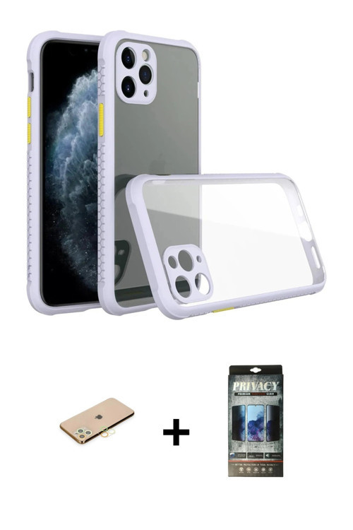 ieg™ iPhone 11 Pro Kılıf Nova Asil Özel Seri - Siyah 34D Hayalet Izgaralı Cam + Sarı Renkli Kamera L