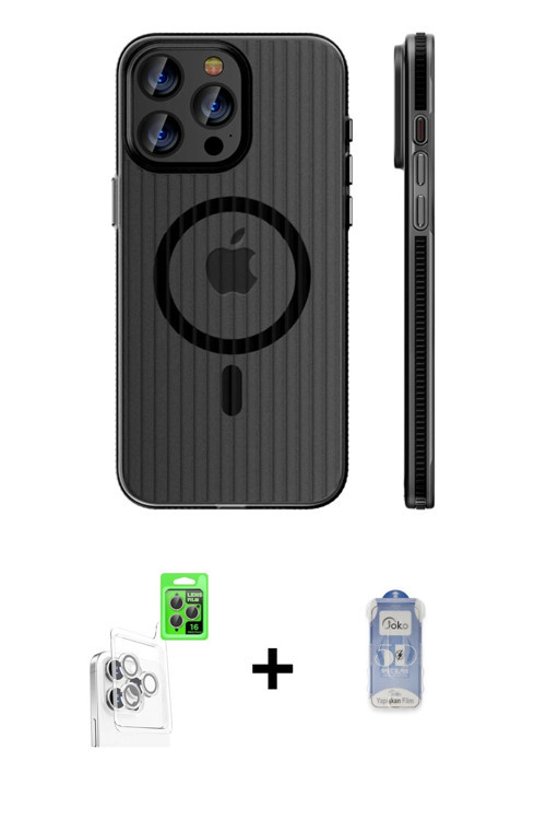 ieg™ iPhone 16 Pro Kılıf Pusula Minimal Koleksiyonu - Siyah Joko Magic 5D Cam + Beyaz Raze Metal Kam