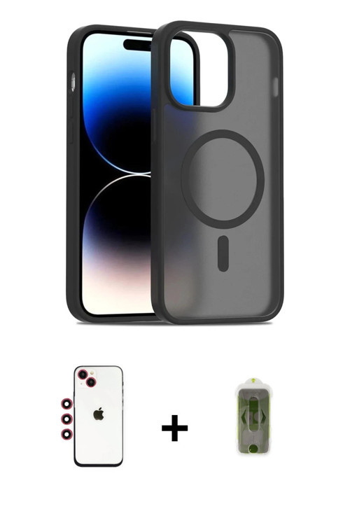 ieg™ iPhone 14 Kılıf Siluet Minimal Prime - Siyah Joko Magic 5D Hayalet Cam + Kırmızı Shine Kamera L
