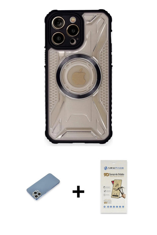 ieg™ iPhone 12 Pro Max Kılıf Kutup Modern - Siyah Mat Seramik Nano Ekran Koruyucu + Gümüş Shine Kame