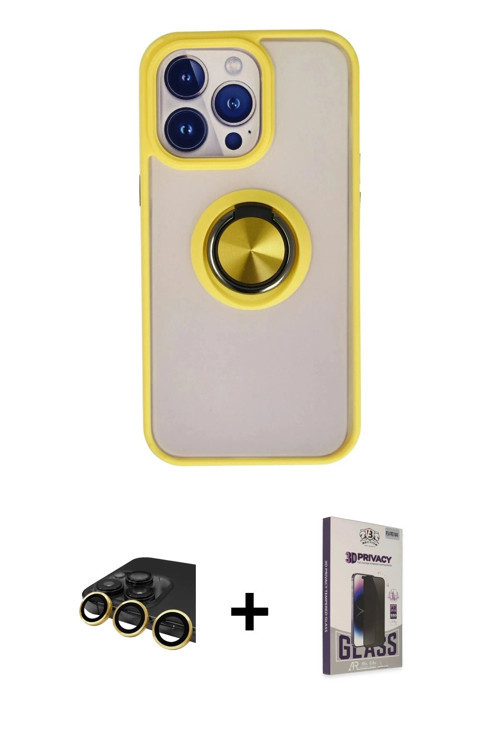 ieg™ iPhone 13 Pro Max Kılıf Yörünge Çizgi - Siyah Bilvis Hayalet Cam Ekran Koruyucu + Gold Raze Met
